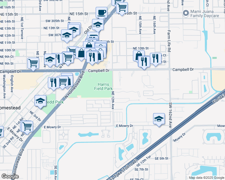 map of restaurants, bars, coffee shops, grocery stores, and more near 464 Northeast 12th Avenue in Homestead