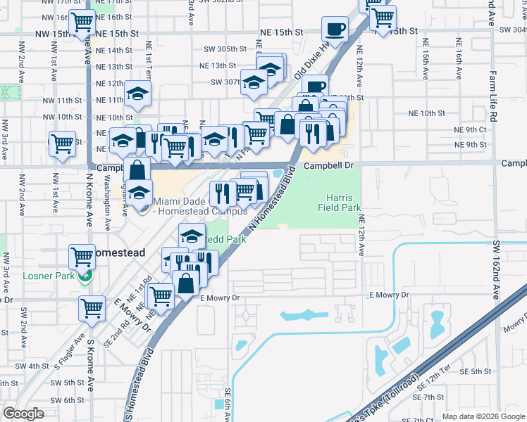 map of restaurants, bars, coffee shops, grocery stores, and more near 698 North Homestead Boulevard in Homestead