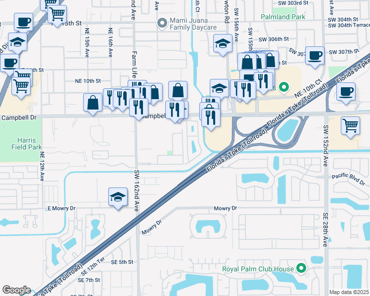 map of restaurants, bars, coffee shops, grocery stores, and more near 445 Northeast 21st Avenue in Homestead