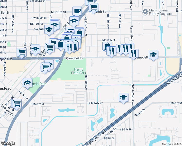 map of restaurants, bars, coffee shops, grocery stores, and more near 1238 Northeast 5th Street in Homestead