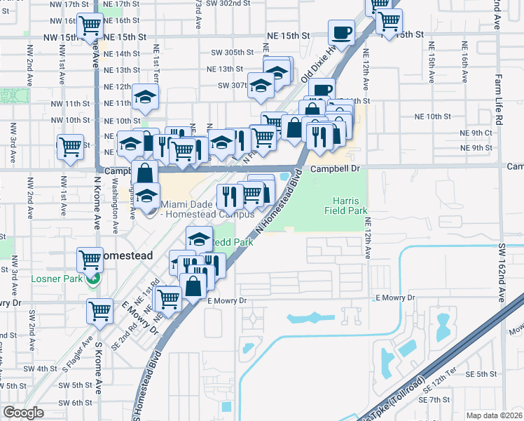 map of restaurants, bars, coffee shops, grocery stores, and more near 698 North Homestead Boulevard in Homestead