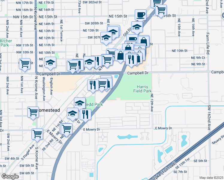 map of restaurants, bars, coffee shops, grocery stores, and more near North Homestead Boulevard in Homestead