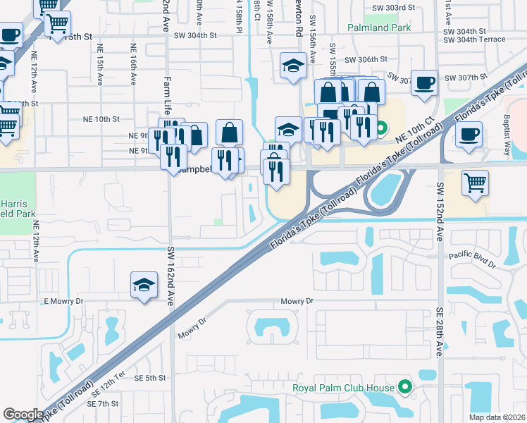 map of restaurants, bars, coffee shops, grocery stores, and more near 439 Northeast 21st Terrace in Homestead
