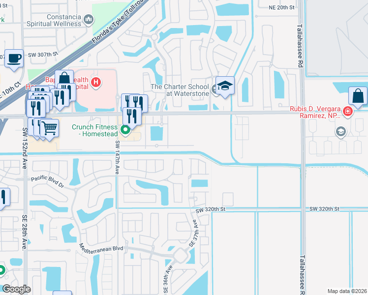 map of restaurants, bars, coffee shops, grocery stores, and more near 3691 Northeast 4th Street in Homestead