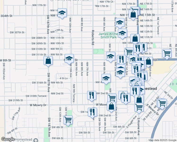 map of restaurants, bars, coffee shops, grocery stores, and more near 681 Northwest 6th Street in Homestead