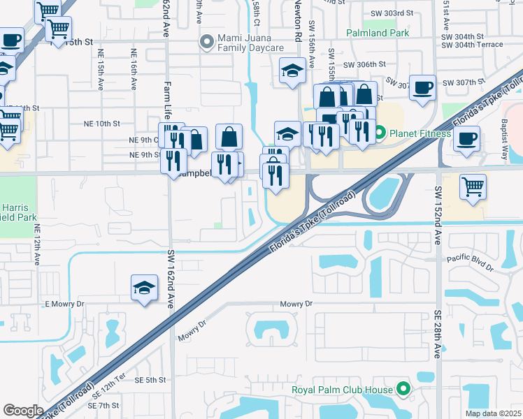 map of restaurants, bars, coffee shops, grocery stores, and more near 600 Northeast 22nd Terrace in Homestead