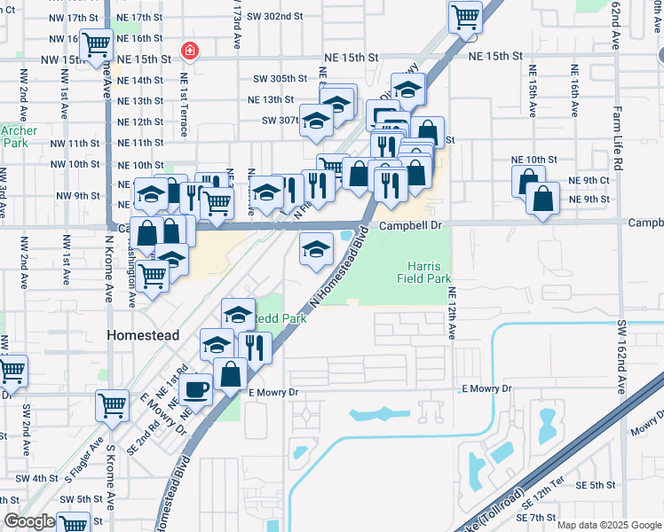map of restaurants, bars, coffee shops, grocery stores, and more near 790 North Homestead Boulevard in Homestead
