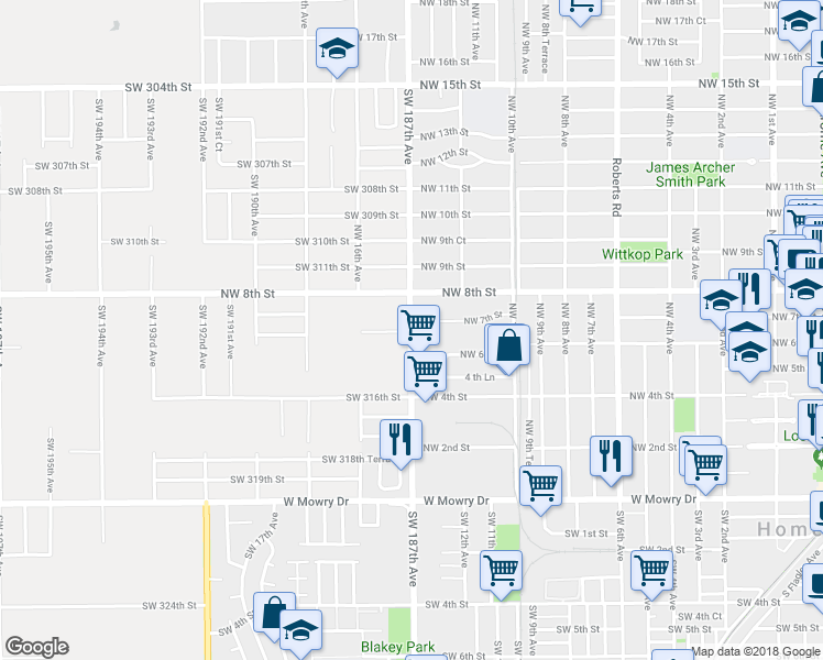 map of restaurants, bars, coffee shops, grocery stores, and more near 2407 Northwest 14 Avenue in Homestead