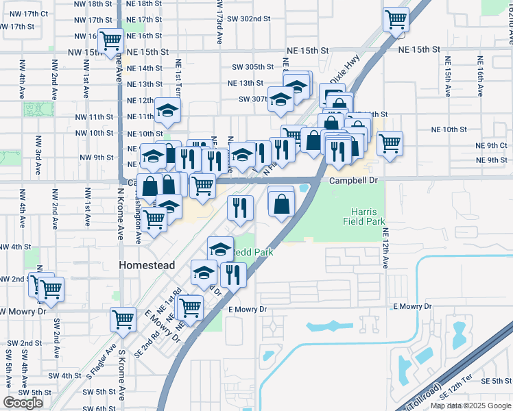 map of restaurants, bars, coffee shops, grocery stores, and more near 713 Northeast 6th Avenue in Homestead
