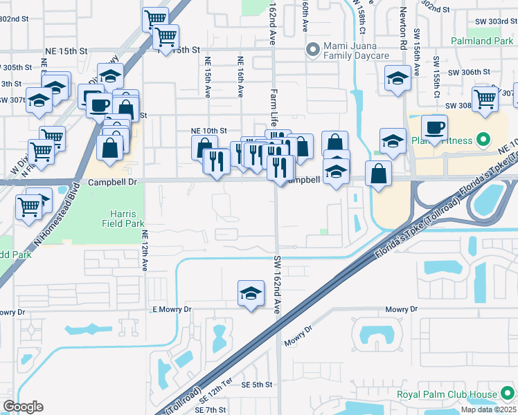map of restaurants, bars, coffee shops, grocery stores, and more near 1700 Northeast 8th Street in Homestead