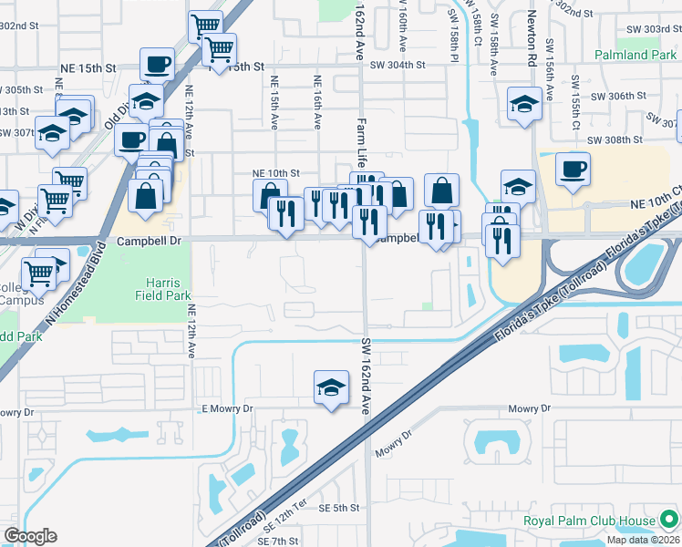 map of restaurants, bars, coffee shops, grocery stores, and more near 1700 Northeast 8th Street in Homestead