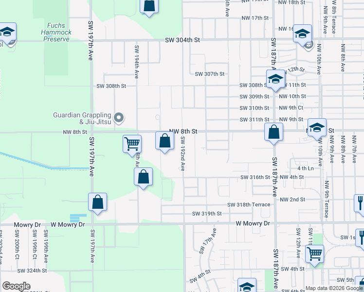map of restaurants, bars, coffee shops, grocery stores, and more near 1300 Southwest 192nd Avenue in Homestead