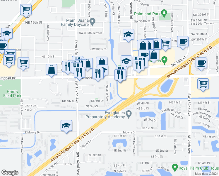 map of restaurants, bars, coffee shops, grocery stores, and more near 2127 Northeast 6th Street in Homestead