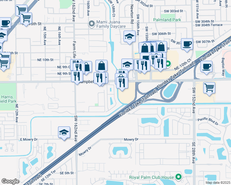 map of restaurants, bars, coffee shops, grocery stores, and more near 615 Northeast 21st Terrace in Homestead