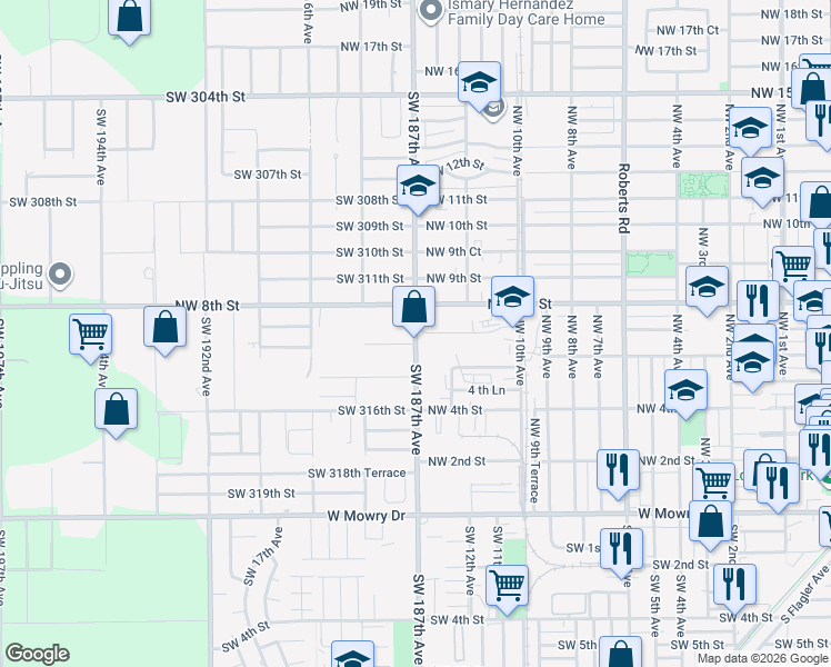 map of restaurants, bars, coffee shops, grocery stores, and more near 8937 Southwest 14th Avenue in Homestead