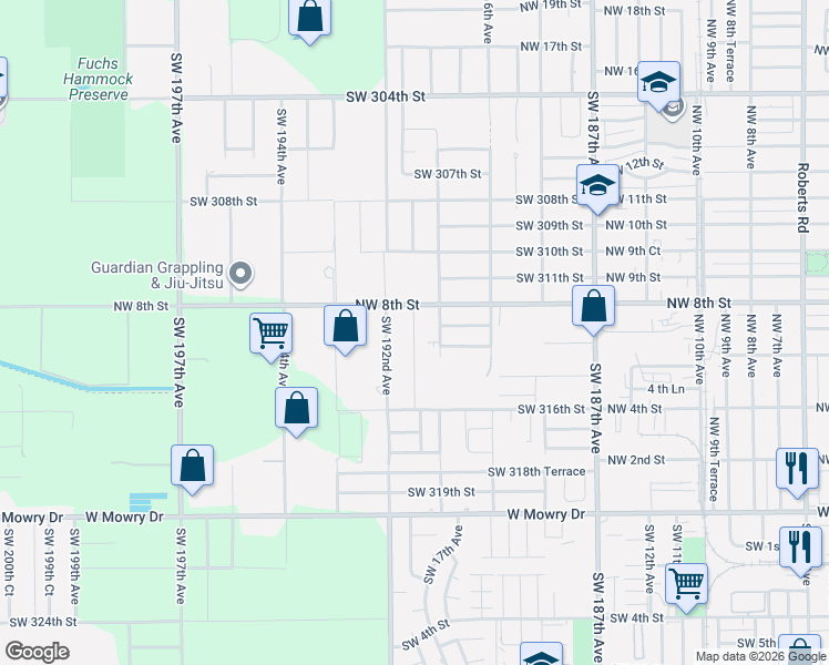 map of restaurants, bars, coffee shops, grocery stores, and more near 31401 Southwest 191st Avenue in Homestead
