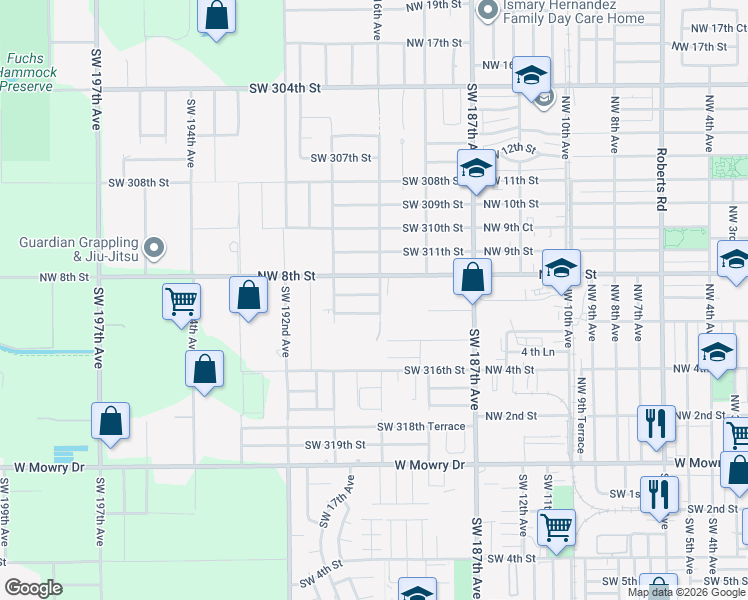 map of restaurants, bars, coffee shops, grocery stores, and more near 18900 Southwest 313th Street in Homestead
