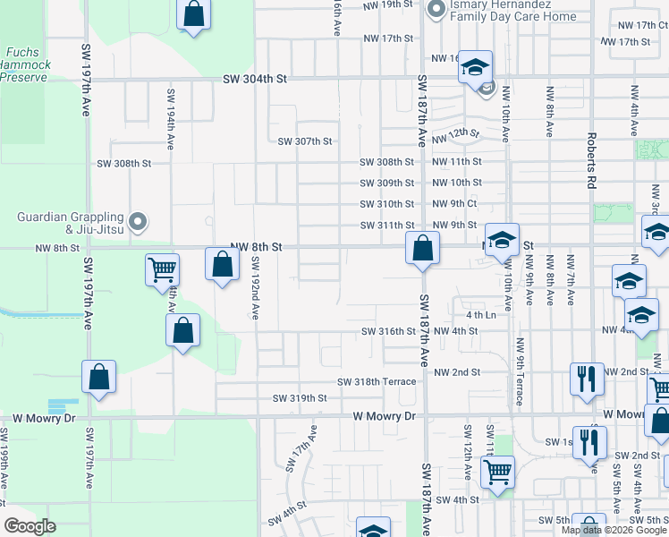 map of restaurants, bars, coffee shops, grocery stores, and more near 18900 Southwest 313th Street in Homestead