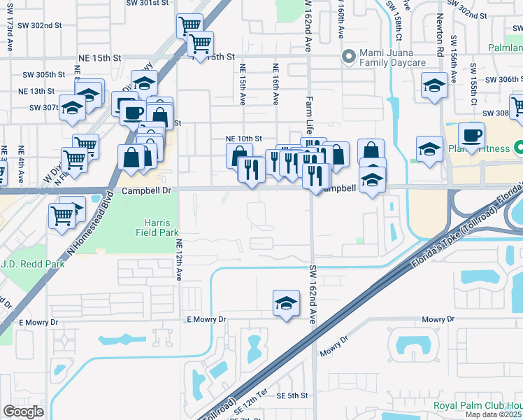 map of restaurants, bars, coffee shops, grocery stores, and more near 1554 Northeast 8th Street in Homestead