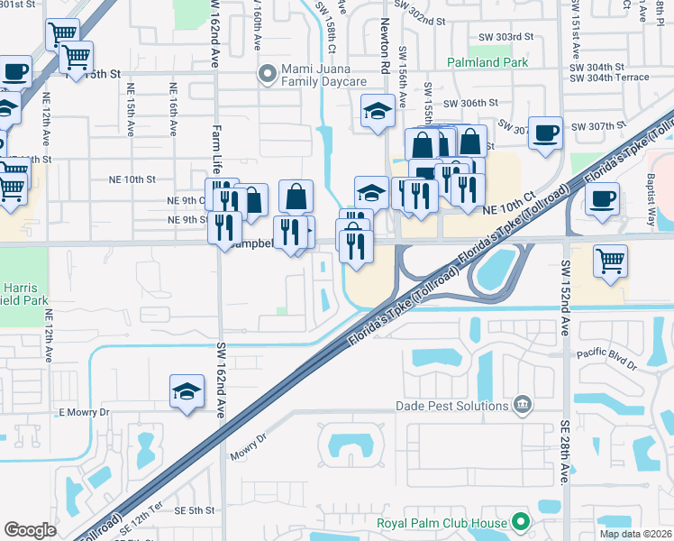 map of restaurants, bars, coffee shops, grocery stores, and more near 627 Northeast 21st Terrace in Homestead
