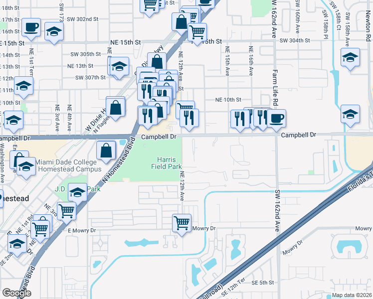 map of restaurants, bars, coffee shops, grocery stores, and more near 1200 Northeast 8th Street in Homestead