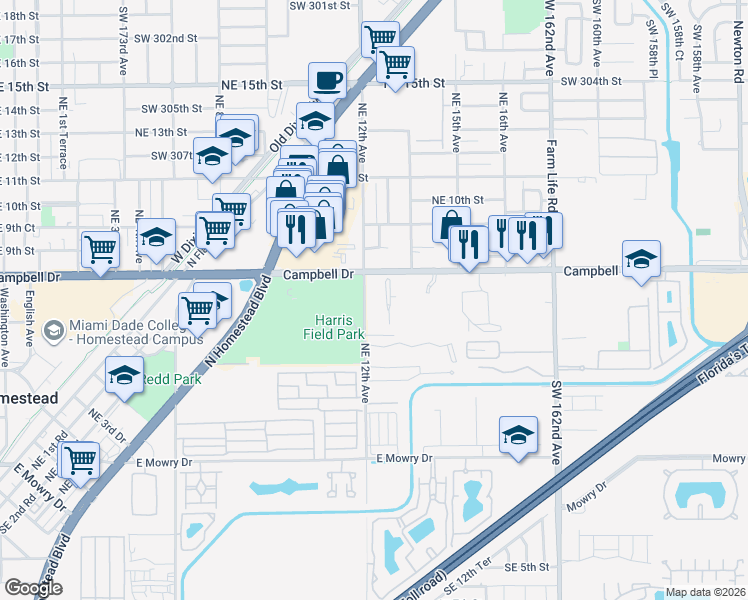 map of restaurants, bars, coffee shops, grocery stores, and more near 1200 Northeast 8th Street in Homestead