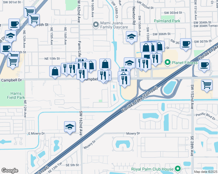 map of restaurants, bars, coffee shops, grocery stores, and more near 2123 Northeast 6th Street in Homestead