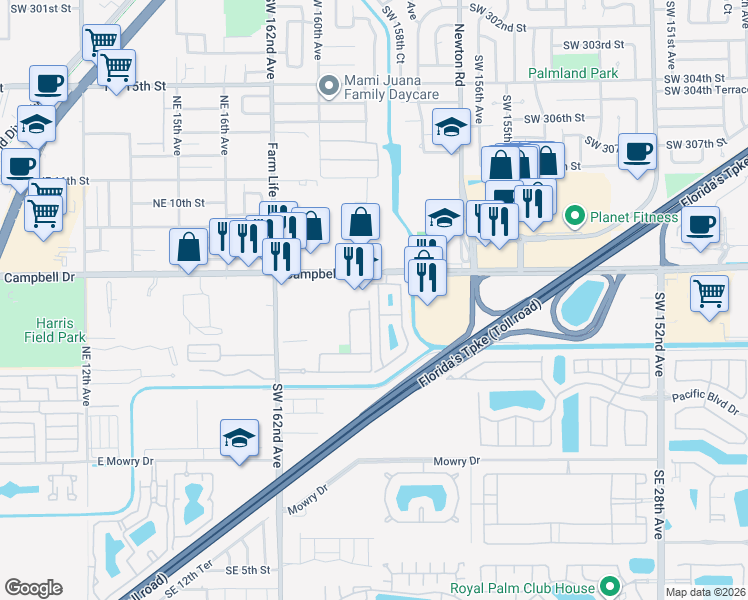 map of restaurants, bars, coffee shops, grocery stores, and more near 2123 Northeast 6th Street in Homestead