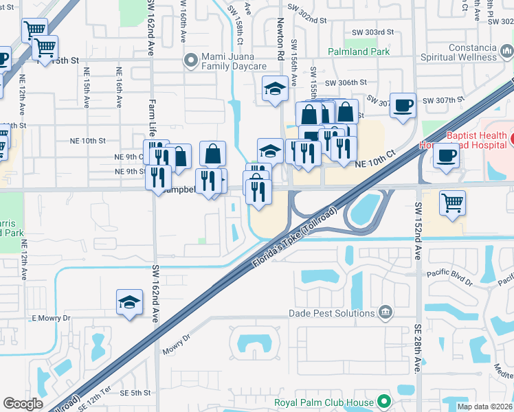 map of restaurants, bars, coffee shops, grocery stores, and more near 600 Northeast 22nd Terrace in Homestead