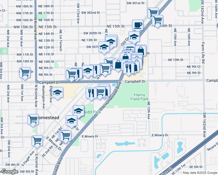 map of restaurants, bars, coffee shops, grocery stores, and more near 790 North Homestead Boulevard in Homestead