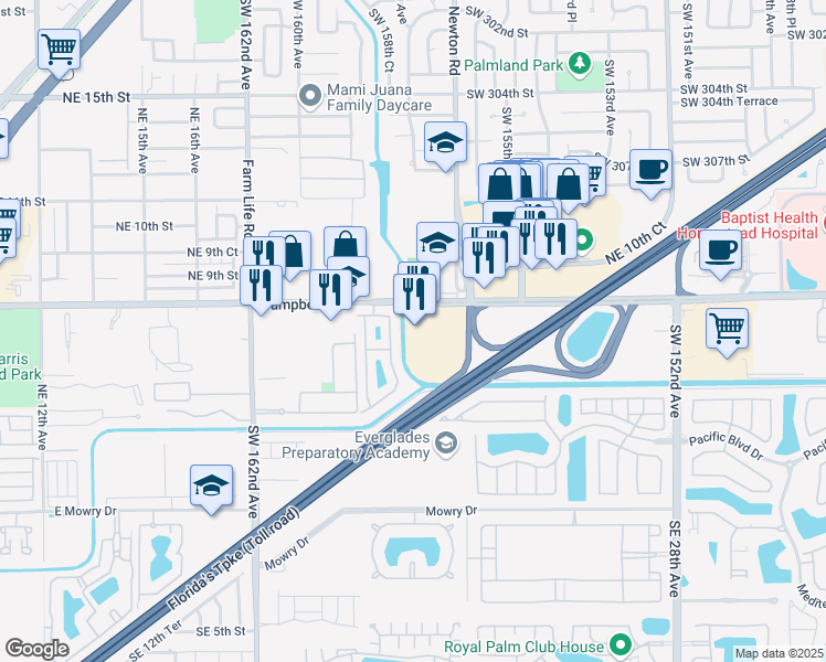 map of restaurants, bars, coffee shops, grocery stores, and more near 600 Northeast 22nd Terrace in Homestead