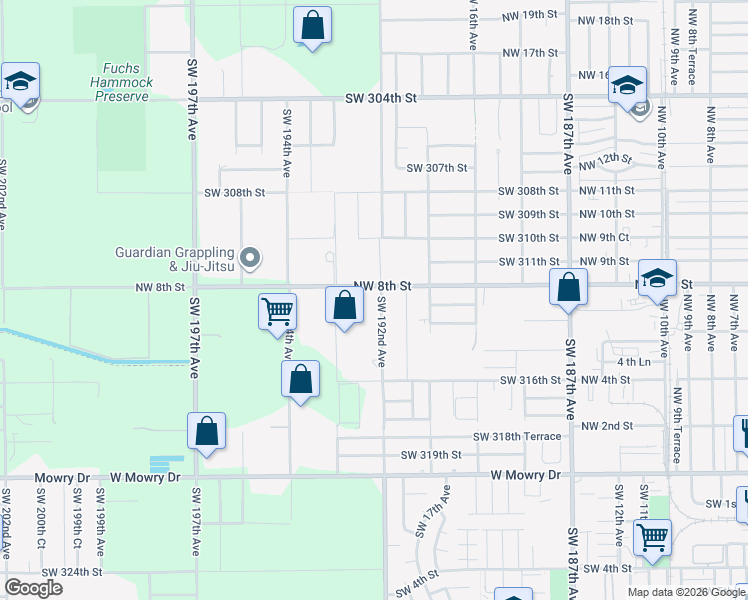 map of restaurants, bars, coffee shops, grocery stores, and more near 1300 Southwest 192nd Avenue in Homestead