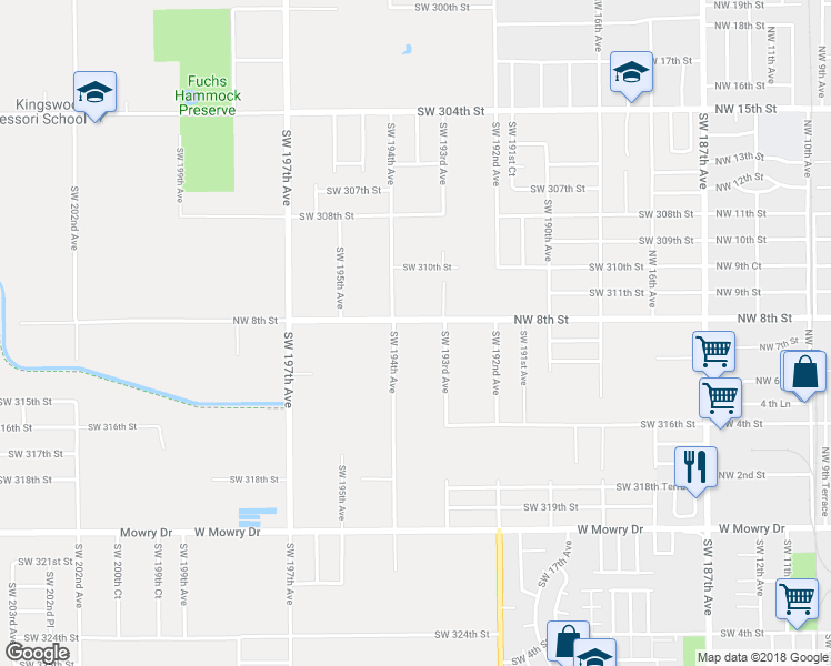 map of restaurants, bars, coffee shops, grocery stores, and more near 19350 Southwest 312th Street in Homestead