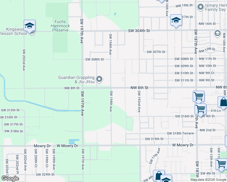 map of restaurants, bars, coffee shops, grocery stores, and more near 19350 Southwest 312th Street in Homestead