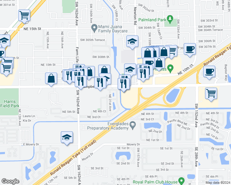 map of restaurants, bars, coffee shops, grocery stores, and more near 2123 Northeast 6th Street in Homestead