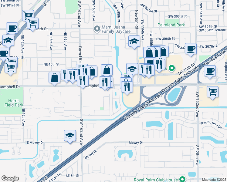 map of restaurants, bars, coffee shops, grocery stores, and more near 679 Northeast 21st Avenue in Homestead