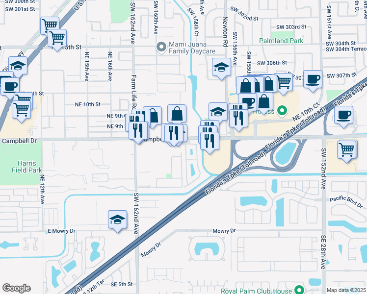 map of restaurants, bars, coffee shops, grocery stores, and more near 2123 Northeast 6th Street in Homestead