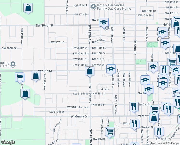 map of restaurants, bars, coffee shops, grocery stores, and more near 24347 Southwest 187th Avenue in Homestead