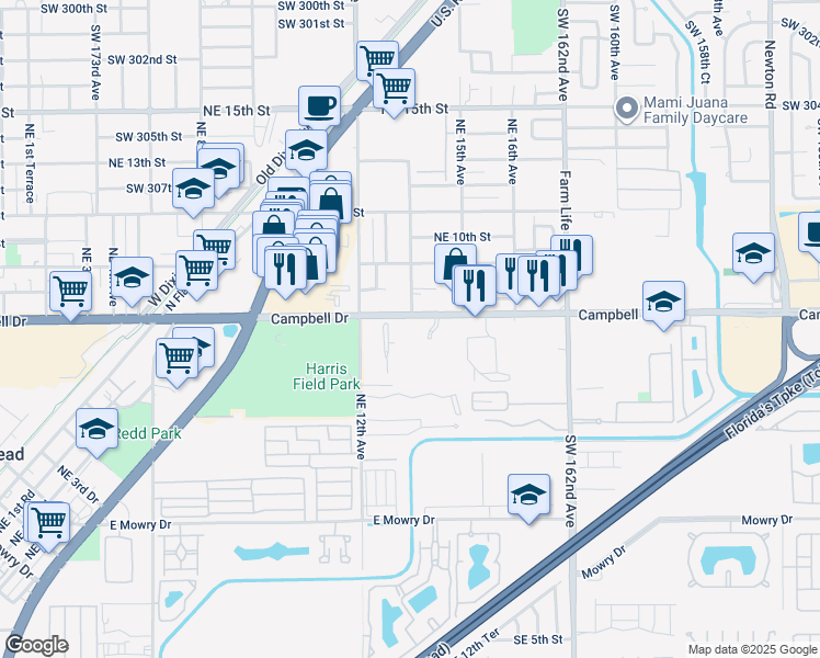 map of restaurants, bars, coffee shops, grocery stores, and more near 1405 Northeast 8th Street in Homestead