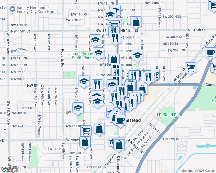 map of restaurants, bars, coffee shops, grocery stores, and more near 822 Northwest 1st Avenue in Homestead
