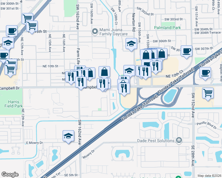map of restaurants, bars, coffee shops, grocery stores, and more near in Homestead
