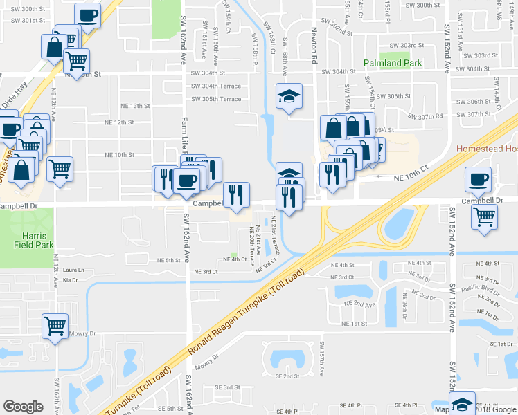 map of restaurants, bars, coffee shops, grocery stores, and more near 2107 Northeast 7th Street in Homestead