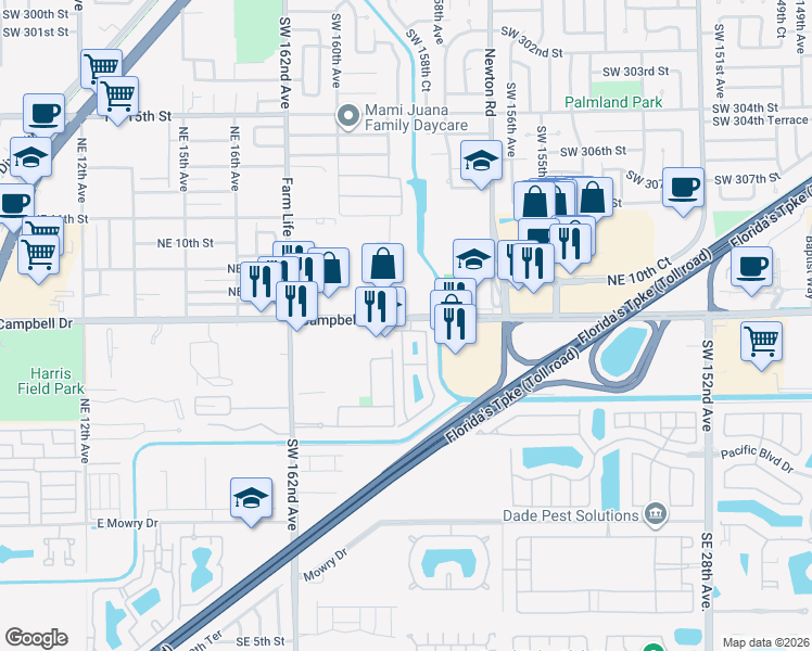 map of restaurants, bars, coffee shops, grocery stores, and more near in Homestead