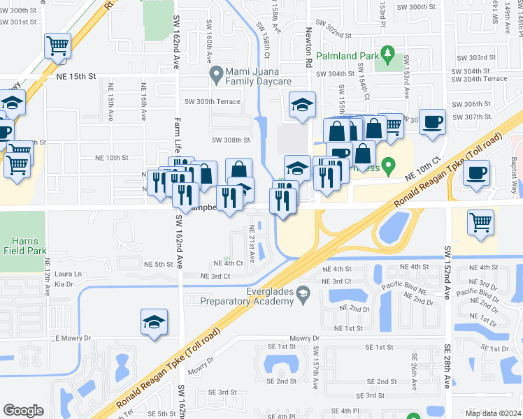 map of restaurants, bars, coffee shops, grocery stores, and more near in Homestead