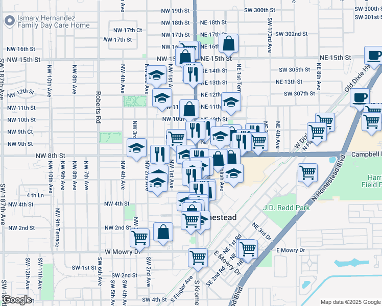 map of restaurants, bars, coffee shops, grocery stores, and more near 25 Northwest 8th Street in Homestead