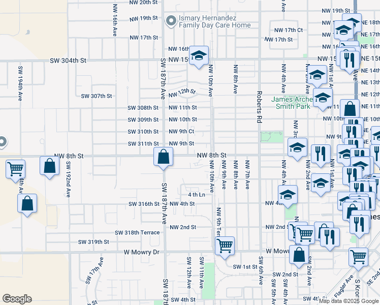 map of restaurants, bars, coffee shops, grocery stores, and more near 1191 Northwest 8th Street in Homestead