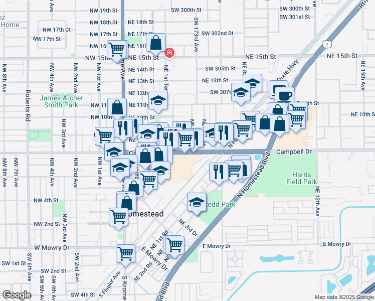 map of restaurants, bars, coffee shops, grocery stores, and more near 261 Northeast 8th Street in Homestead