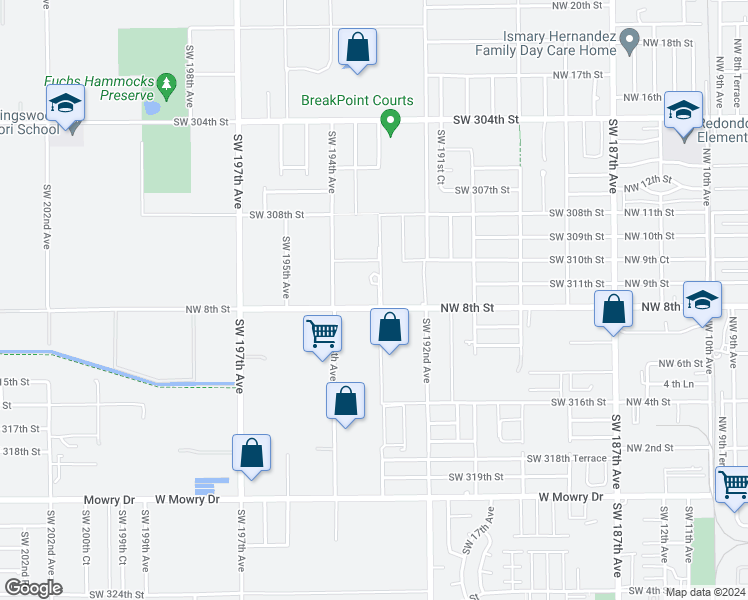 map of restaurants, bars, coffee shops, grocery stores, and more near 19305 Southwest 312th Street in Homestead