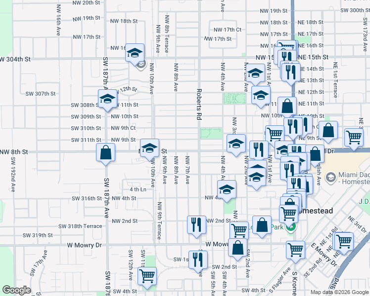 map of restaurants, bars, coffee shops, grocery stores, and more near 725 Northwest 8th Street in Homestead