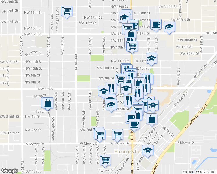 map of restaurants, bars, coffee shops, grocery stores, and more near 171 Northwest 8th Street in Homestead